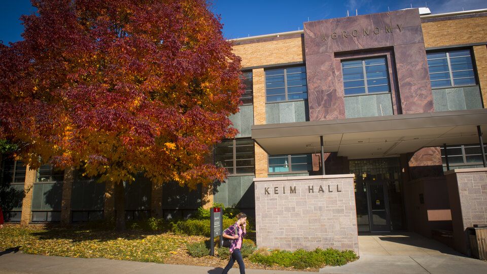 student walking in front of keim hall