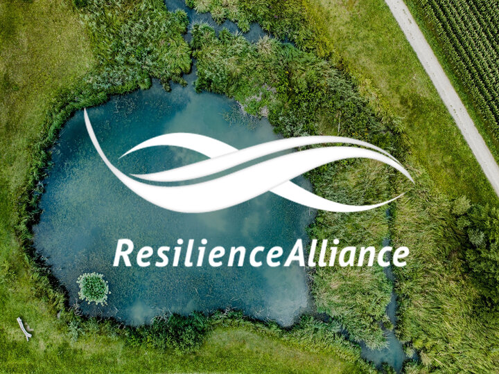 Resilience Alliance log over top of an aerial image of swamp land