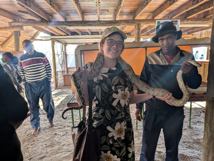 Meredith met the python ambassador of the Centre for African Resources: Animals, Communities and Land Use. The INSAKA symposium took a field trip to the center, which focuses on conserving wildlife and improving local people’s livelihoods.