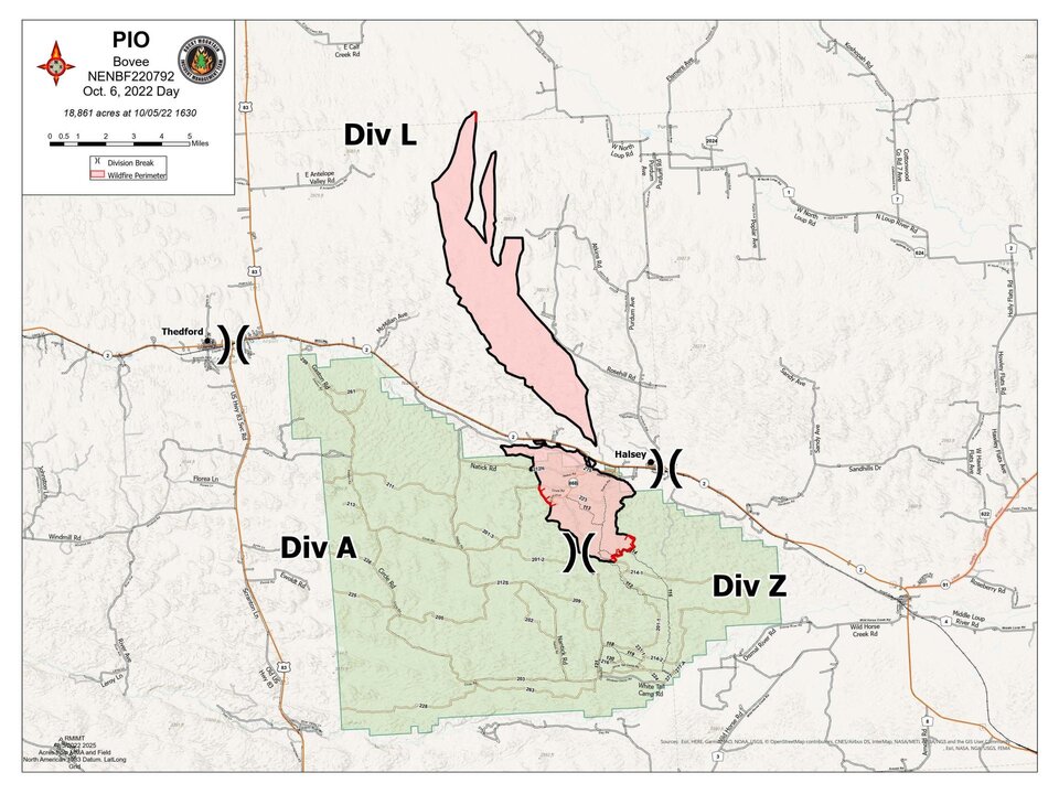 map of areas impacted by the Bovee Fire