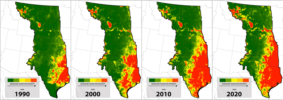 figure showing woody plant encroachment from 1990, 2000, 2010, and 2020